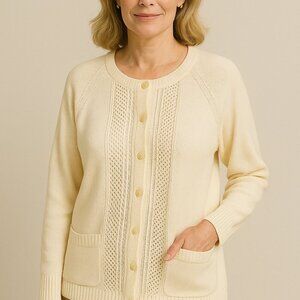 Nationals Large Ivory Eyelet Button Up Cardigan Sweater Grandmacore Cottage